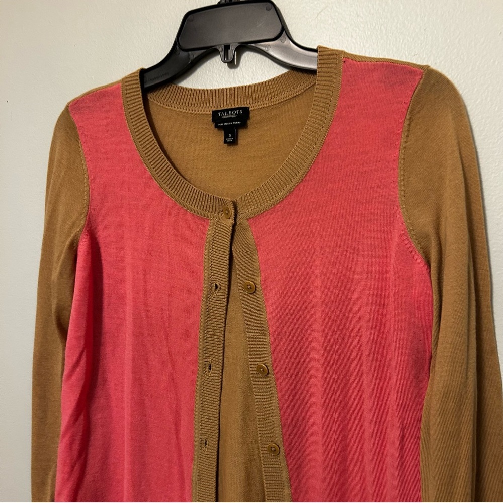 Talbots‎ Women's S Pure Merino Wool Color Block Button Up Cardigan tan pink EUC - Picture 4 of 8